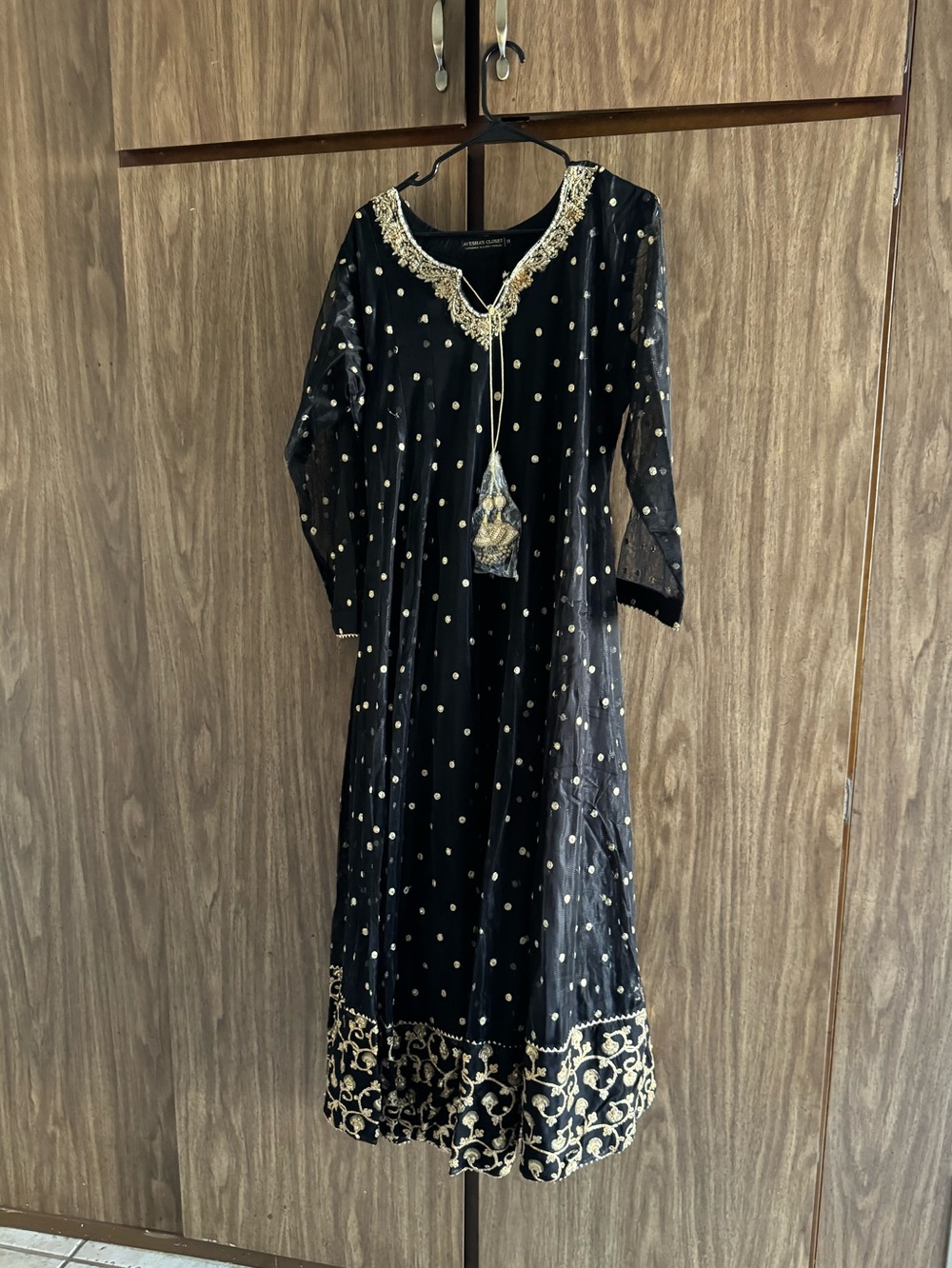 Ayesha’s Closet Black Embellished Anarkali Dress with Gold Motif 3 Piece Set - Picture 2 of 8